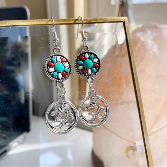 3/$15 Silver Boho Mandala Namaste Dangle Earrings - Picture 4 of 7